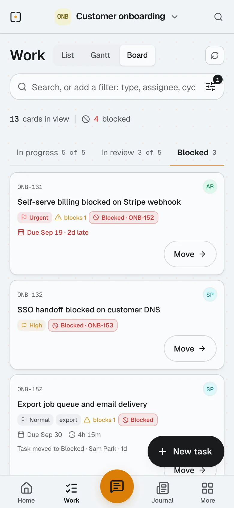 Keep’s Work board on a phone in a sample workspace, showing the Blocked lane of Customer onboarding: thirteen cards in view, four blocked, and three cards — self-serve billing blocked on the Stripe webhook and two days late, an SSO handoff, and the export job queue — each with a Move button.